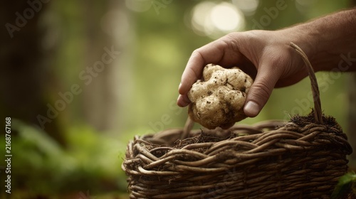 truffle. truffle hunting, seasonal truffle harvest. Hand of forager holding truffle above woven basket filled with harvested mushrooms in forest setting