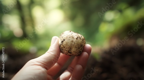 truffle. concept of traditional harvesting and gourmet sourcing. Hand holding heart-shaped truffle mushroom with blurred natural background in forest setting