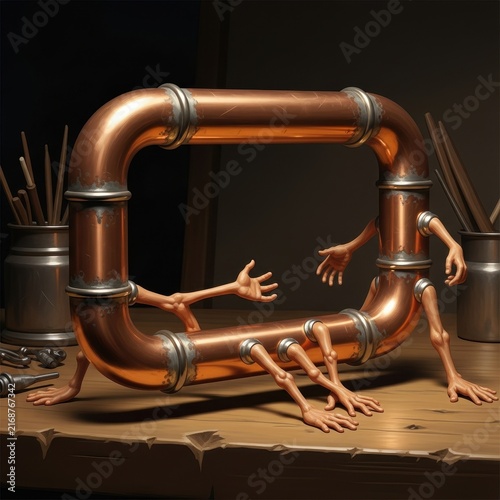 Unique copper pipe sculpture with articulated human-like hands and multiple legs, a surreal industrial artwork