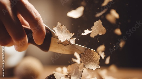 truffle luxury cuisine concept. Close-up of hand holding knife slicing through wood, shavings flying in kitchen setting with blurred background elements