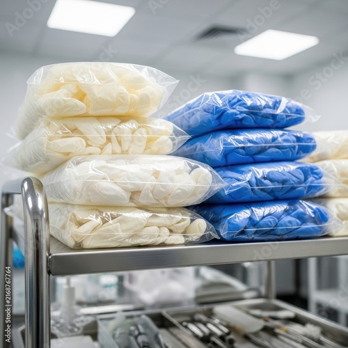 Stacks of Sterile Disposable Medical Gloves in Blue and White Packaging on a Metal Cart in a Healthcare Facility