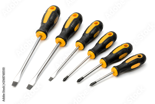 Screwdriver set with yellow and black ergonomic plastic handles.
