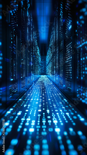 Glowing cybernetic data server room aisle with futuristic blue binary code reflections on the floor