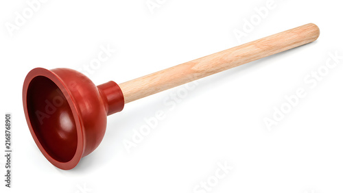 Traditional red rubber plunger with light wooden handle.