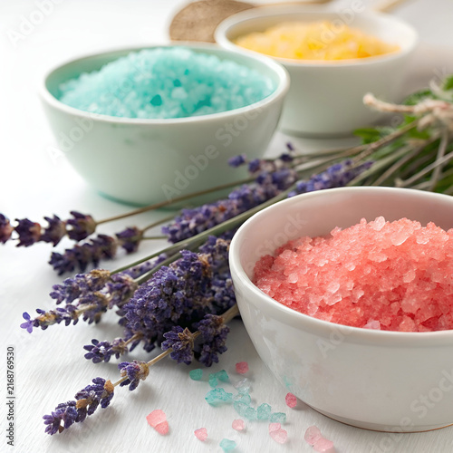 colorful bath salts and dried lavender macro