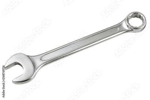 Chrome combination wrench on isolated white background.