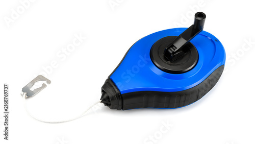 Blue chalk line reel tool with white string and hook.