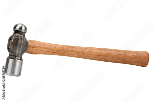 Classic ball peen hammer with wooden handle for metalwork.