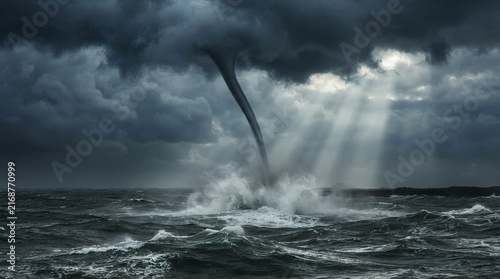 Obraz na płótnie Intense waterspout forming over dark ocean waves under dramatic storm clouds.