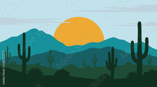 Stylized desert landscape with saguaro cacti, mountains, and sun