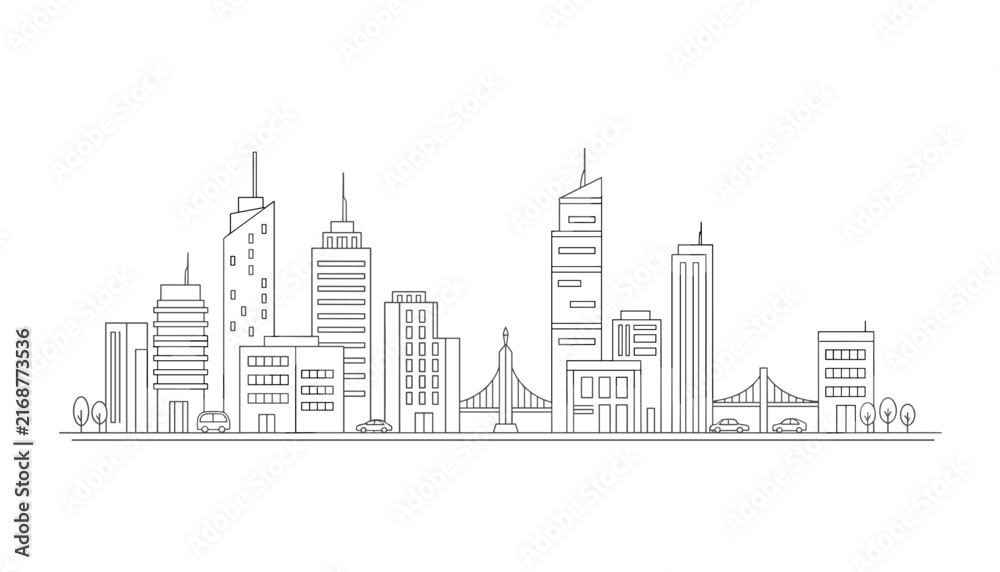 Obraz premium Modern city skyline panorama in a minimalist thin black line drawing style showcasing skyscrapers bridges and cars.