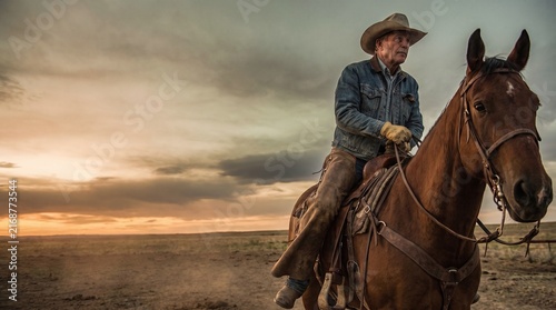 A senior cowboy wearing a hat and denim jacket rides a brown horse on a dusty ranch field under a dramatic cloudy sky at sunset, captured in a medium shot with warm golden hour lighting.