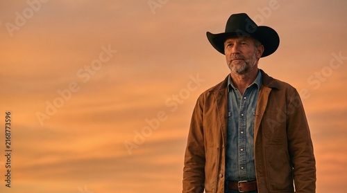 A medium shot of a mature man wearing a black cowboy hat and brown jacket, standing against a warm orange sunset sky with copy space on the left.