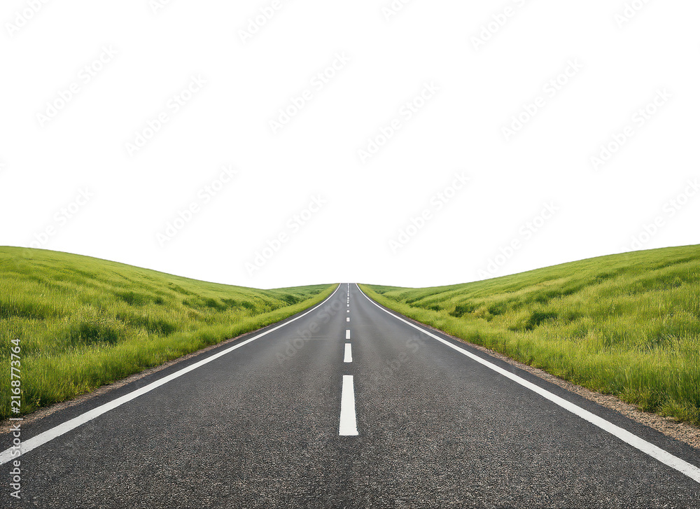 Obraz premium PNG Empty road stretching through green hills under a dark sky