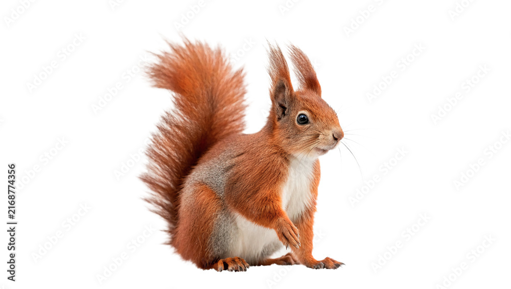 Naklejka premium Cute fluffy red squirrel sitting looking forward isolated on transparent background