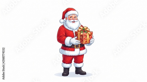 Cheerful Santa Claus Holding Gift Box with Festive Holiday Expression