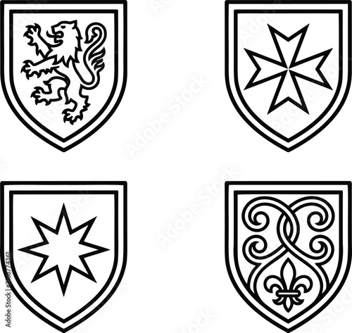 Medieval heraldic shield crests set lion cross star fleur de lis line art vector illustration collection.