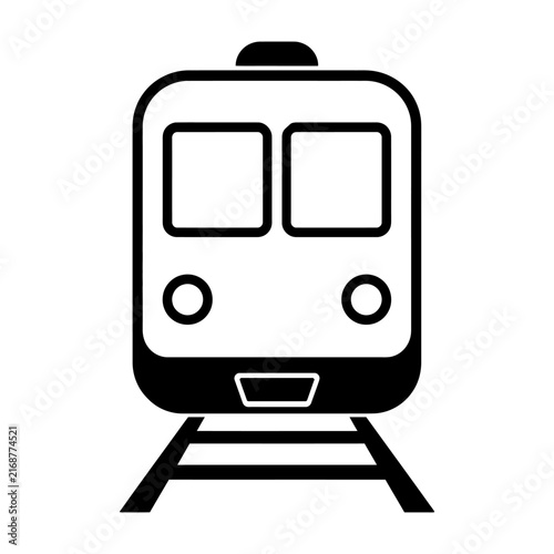 A stylized silhouette of a train on tracks depicted in a minimalist black-and-white vector format.