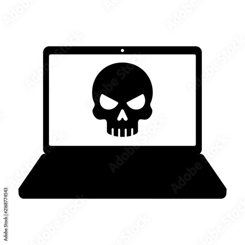 A laptop screen displays a skull icon representing digital security, hacking, or cyber threats in a bold graphic style.