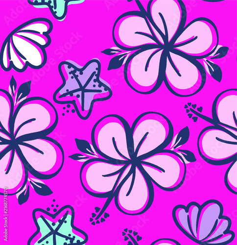 Konstfotografi Tropical hibiscus flowers and starfish pattern in vibrant pink and purple for su