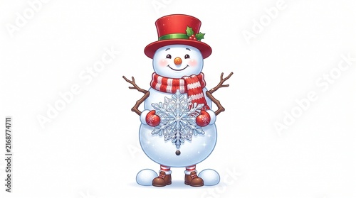 Cute Cartoon Snowman with Top Hat and Scarf Holding Christmas Gift