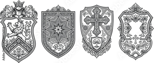 Ornate medieval heraldic coat of arms shields lion cross crown star line art vector illustration collection.