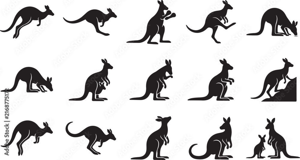 Obraz premium Kangaroo silhouette icons set, collection of jumping and standing marsupial animal shapes