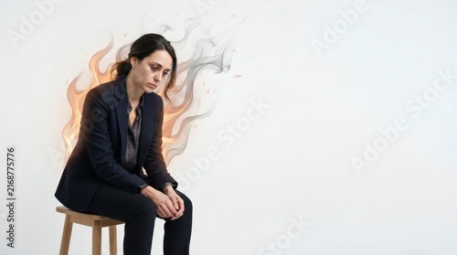 Woman in suit sitting on stool with burning background effect