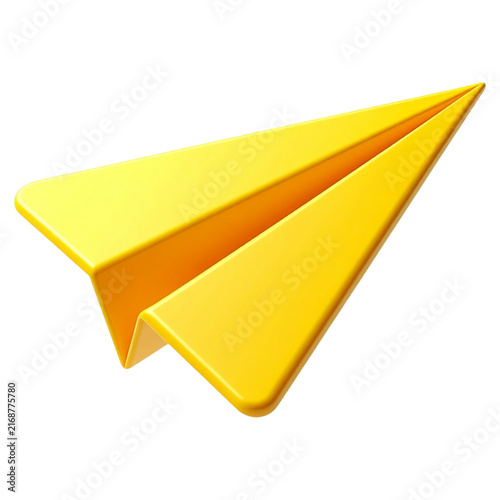 Glossy yellow origami paper plane flying upward angle view for message communication strategy freedom aspiration graphic render visual design item