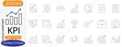 KPI and Business Performance Line Icons. Vector Key Performance Indicator, business, strategy, Growth Chart, and Target Symbols with Editable Stroke.
