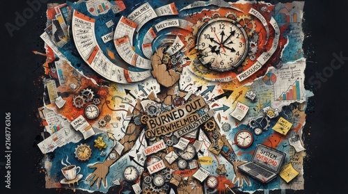 Abstract collage of burnout concept with clock and papers