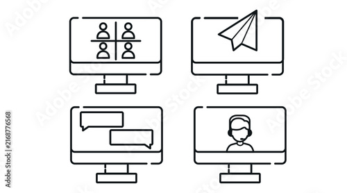 Digital communication and remote work computer monitors vector icons set. Black line art style on white background. 