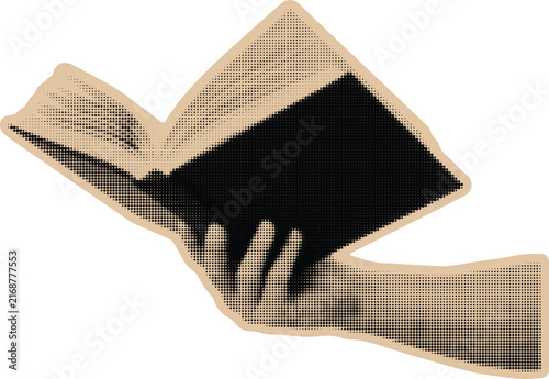 Hand holding book vintage retro grunge halftone dotted texture collage element on transparent background. Vector illustration.