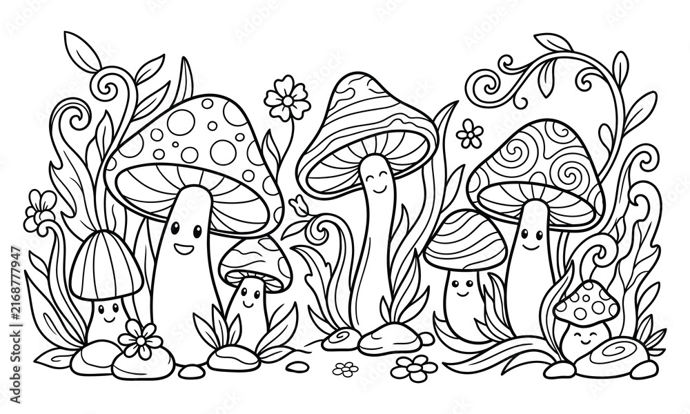 Fototapeta premium Seamless Style Cute Mushroom and Flowers Landscape Coloring Page