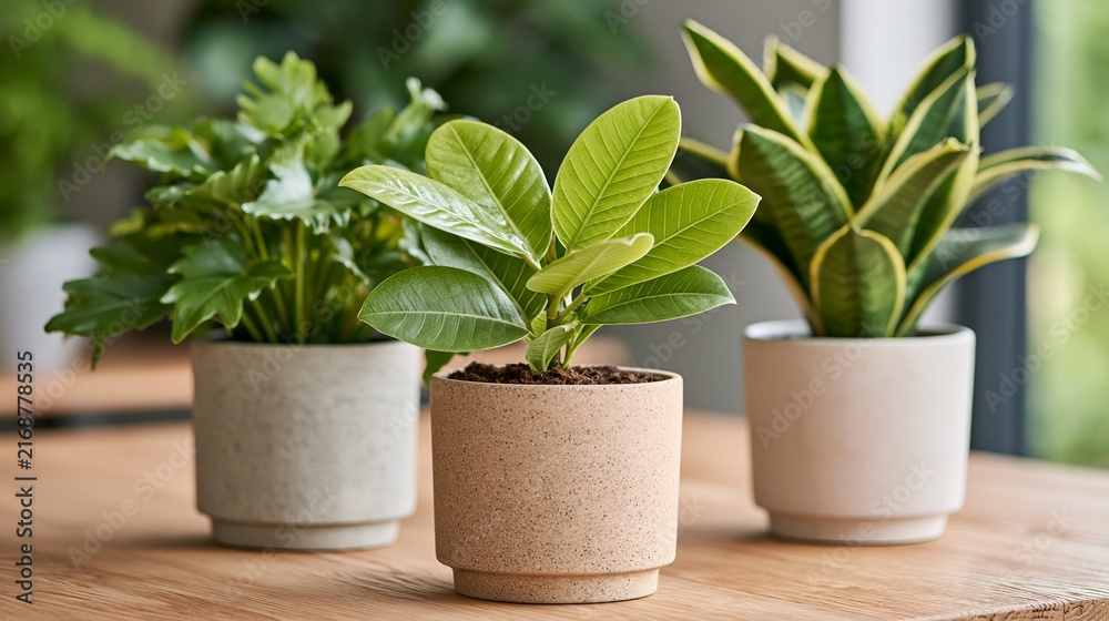 Fototapeta premium Three potted plants sit on a wooden surface.