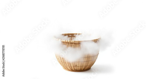 Woven rattan basket surrounded by soft white clouds, dreamy minimal concept, isolated on white background