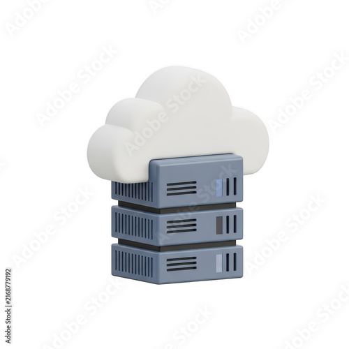 Stylized three dimensional icon of white cloud resting on stacked grey database computer server rack.