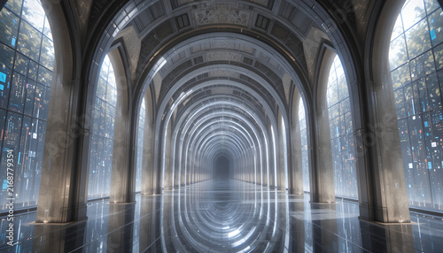Futuristic arched hallway with glowing digital glass walls and reflective marble floor