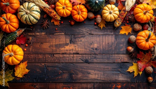 Autumn Harvest Fall Thanksgiving Border with Pumpkins and Corn on Rustic Wood