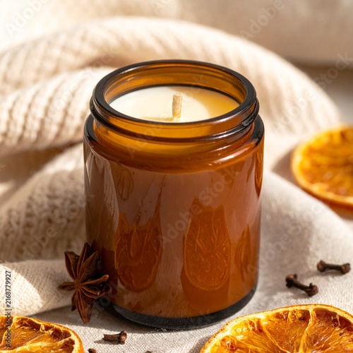 Handmade Amber Glass Soy Candle with Dried Orange and Cinnamon Fall Decor