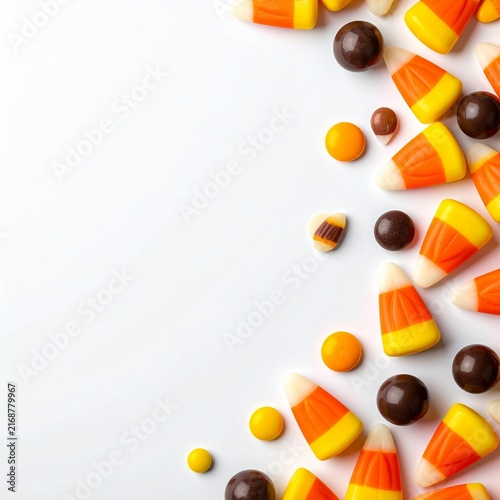 Halloween Candy Corn Sweets Spilled Isolated on Pure White Background