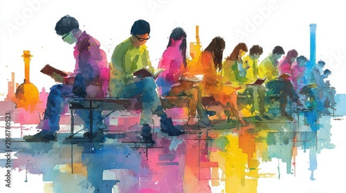 Vibrant Watercolor Art Showcasing Lifelong Learning Experts Immersed In Reading Studying In An Inspiring Environment