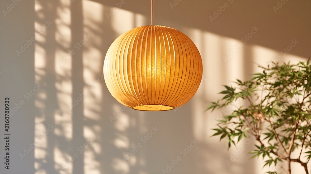 Fototapeta premium Warm woven pendant light hangs softly.