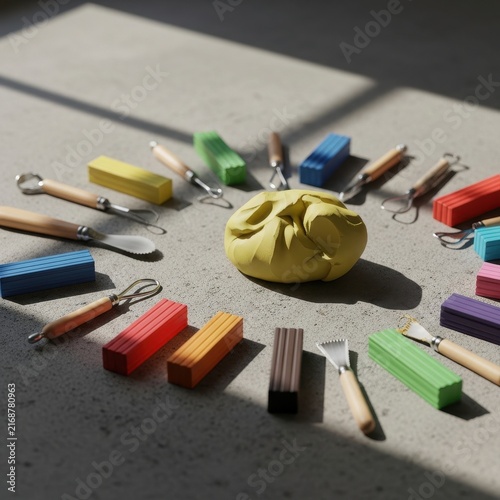 Vibrant Colorful Clay Blocks and Sculpting Tools Arranged Around a Lump of Yellow Modeling Clay