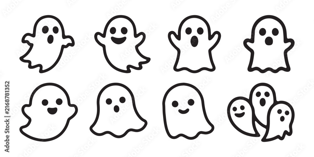 Fototapeta premium Set of cute simple black and white outline cartoon ghost character icons for fun Halloween graphic design projects.