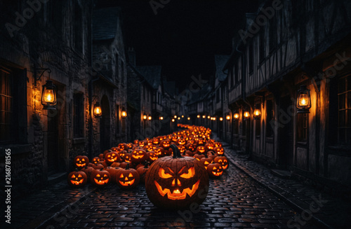 Halloween pumpkins on a street