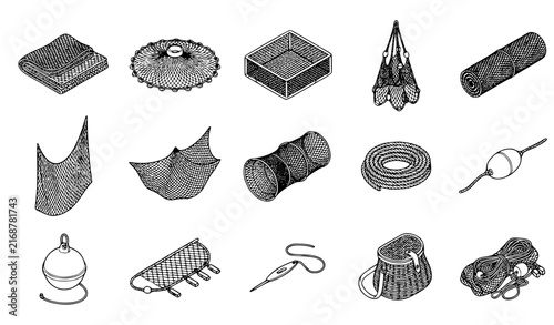 Fishing net and fishery equipment isometric black outline vector collection