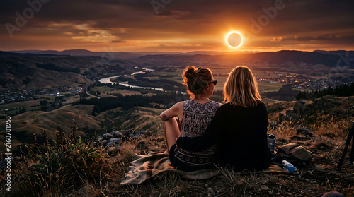 Solar eclipse over mountain valley, two women watching celestial event at sunset, dramatic landscape with ring of fire