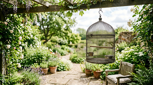 An ornate vintage birdcage hangs open with its door ajar amidst a lush, sun-dappled garden patio, evoking a sense of serene tranquility and timeless charm.