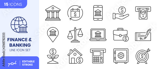 Finance and Banking Line Icon Set, Money and Financial Symbols Vector Illustration with Editable Stroke